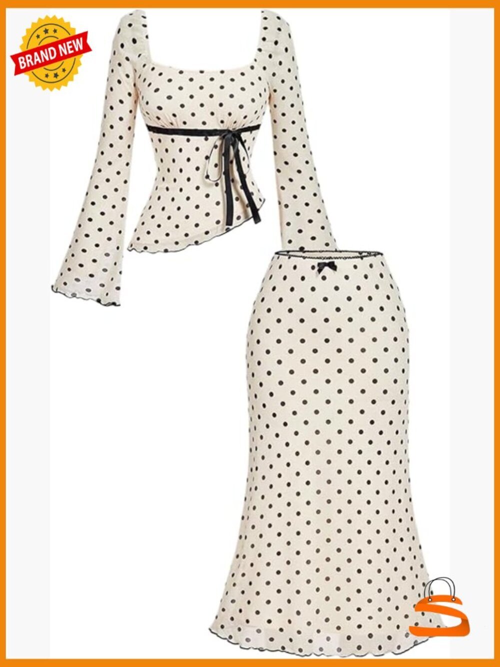 Y2K Skirt Set - 2 Piece Polka Dots Long Sleeve Peplum Top & Mesh Midi Skirt Set